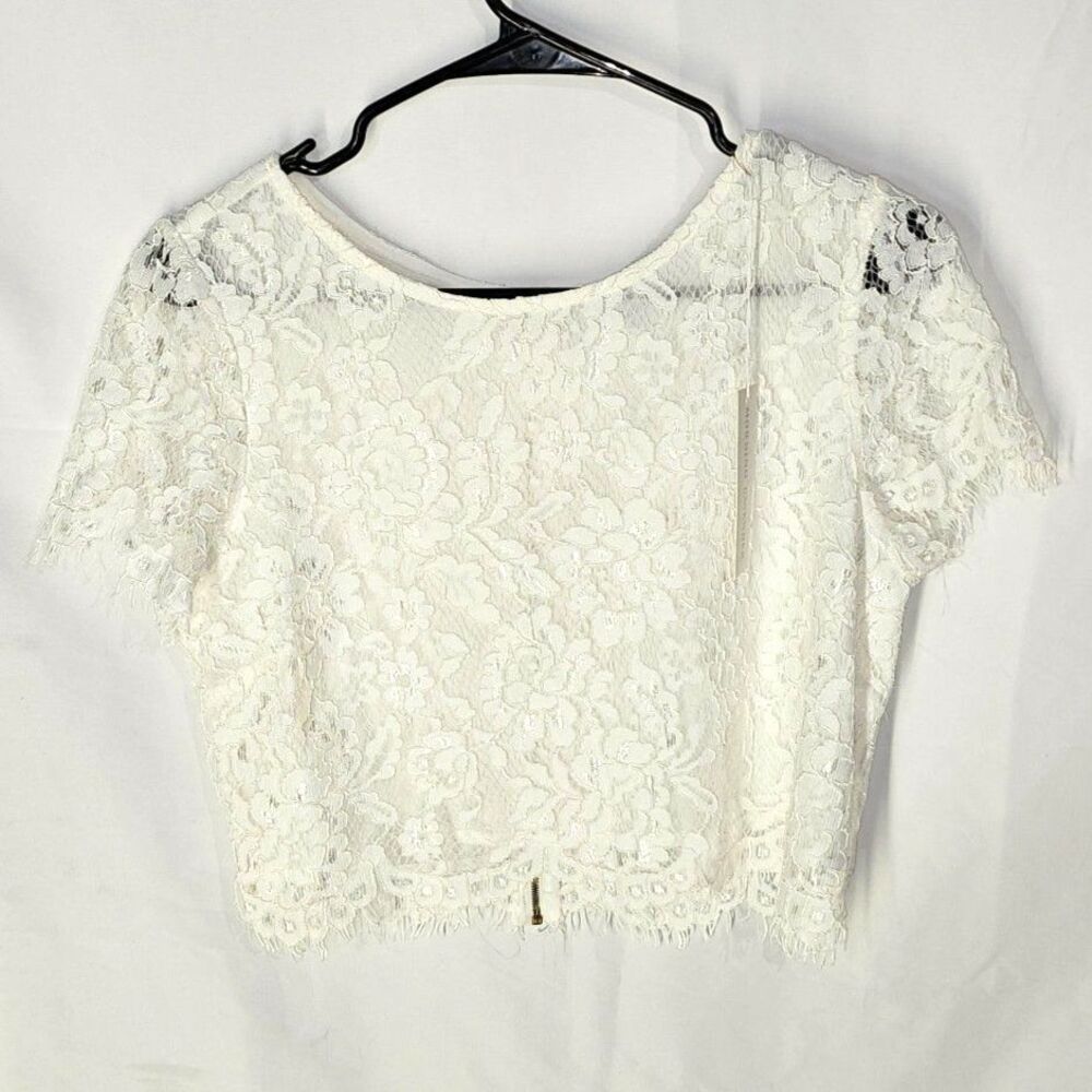 Morning Lavender Floral Lace Short Sleeve Crop Top White Eyelash Trim Size L